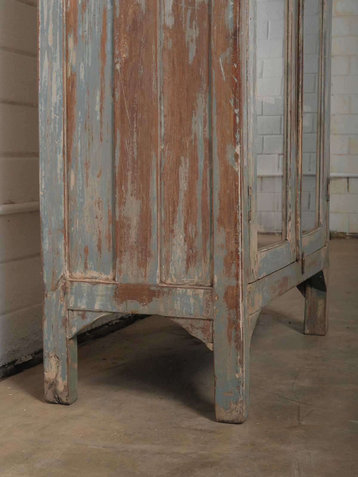 Distressed Glass-Front Cabinet with Weathered Blue Finish