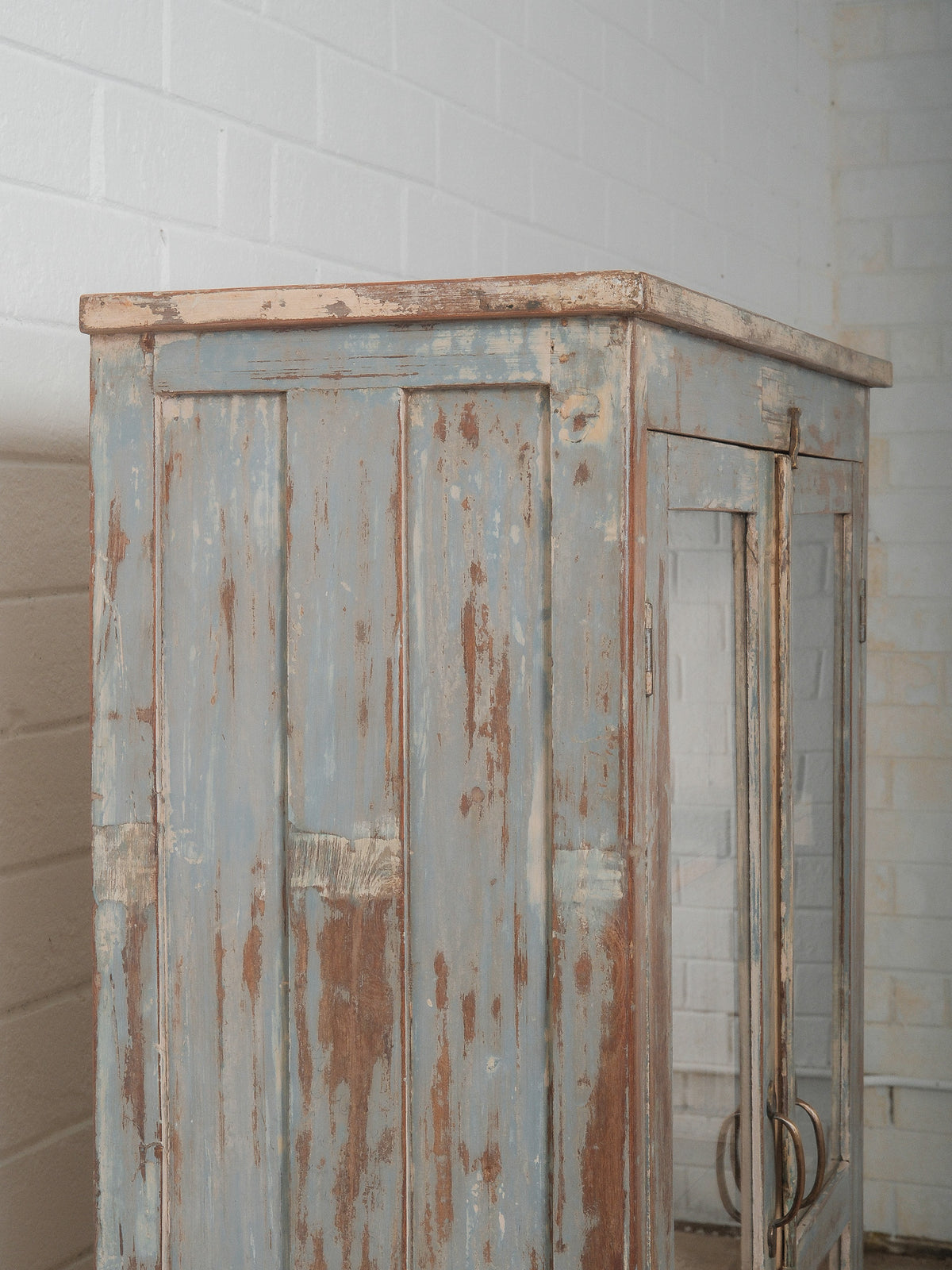 Distressed Glass-Front Cabinet with Weathered Blue Finish