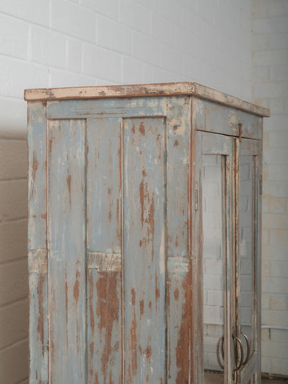 Distressed Glass-Front Cabinet with Weathered Blue Finish