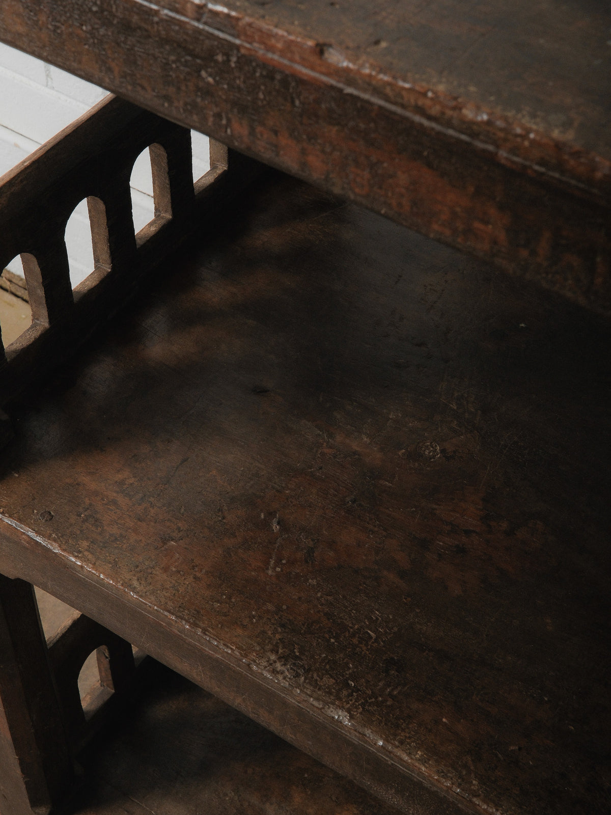 Carved Wooden Shelf with Architectural Lattice Detail
