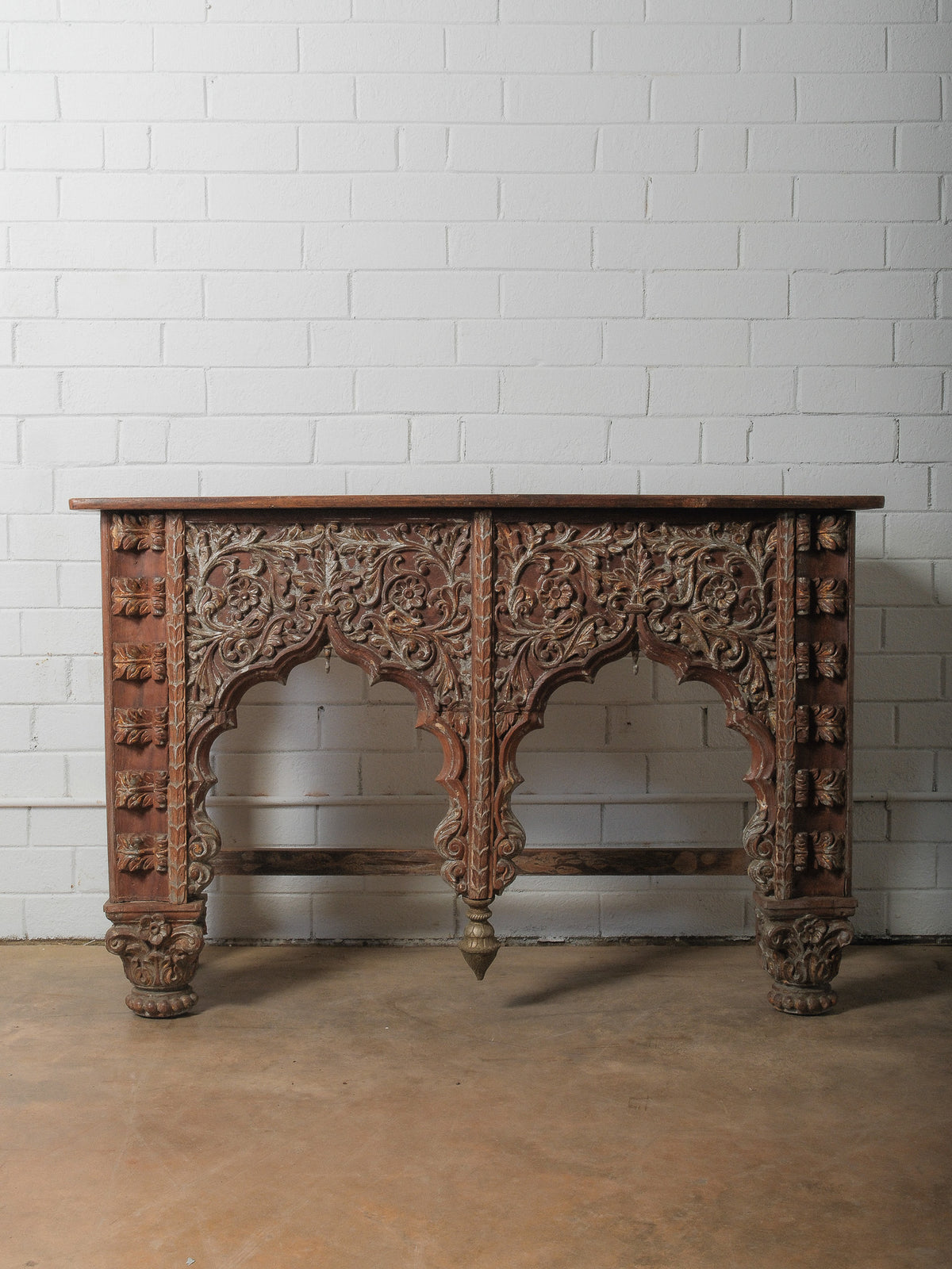 Hand-Carved Wooden Console with Architectural Arches