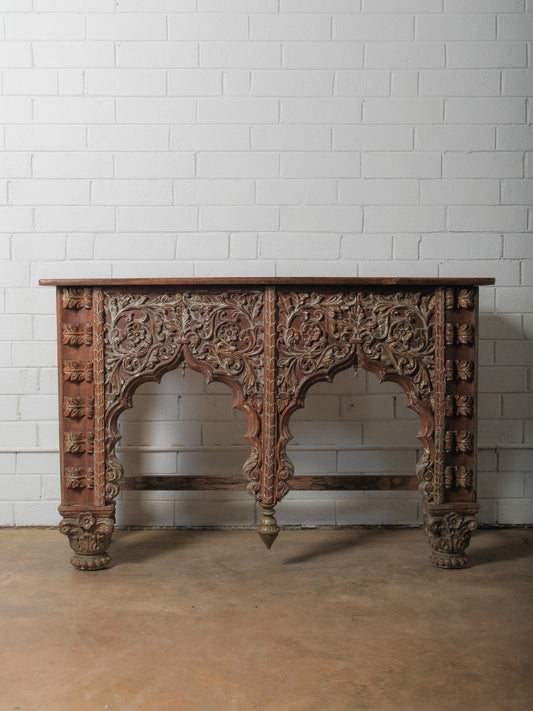 Hand-Carved Wooden Console with Architectural Arches