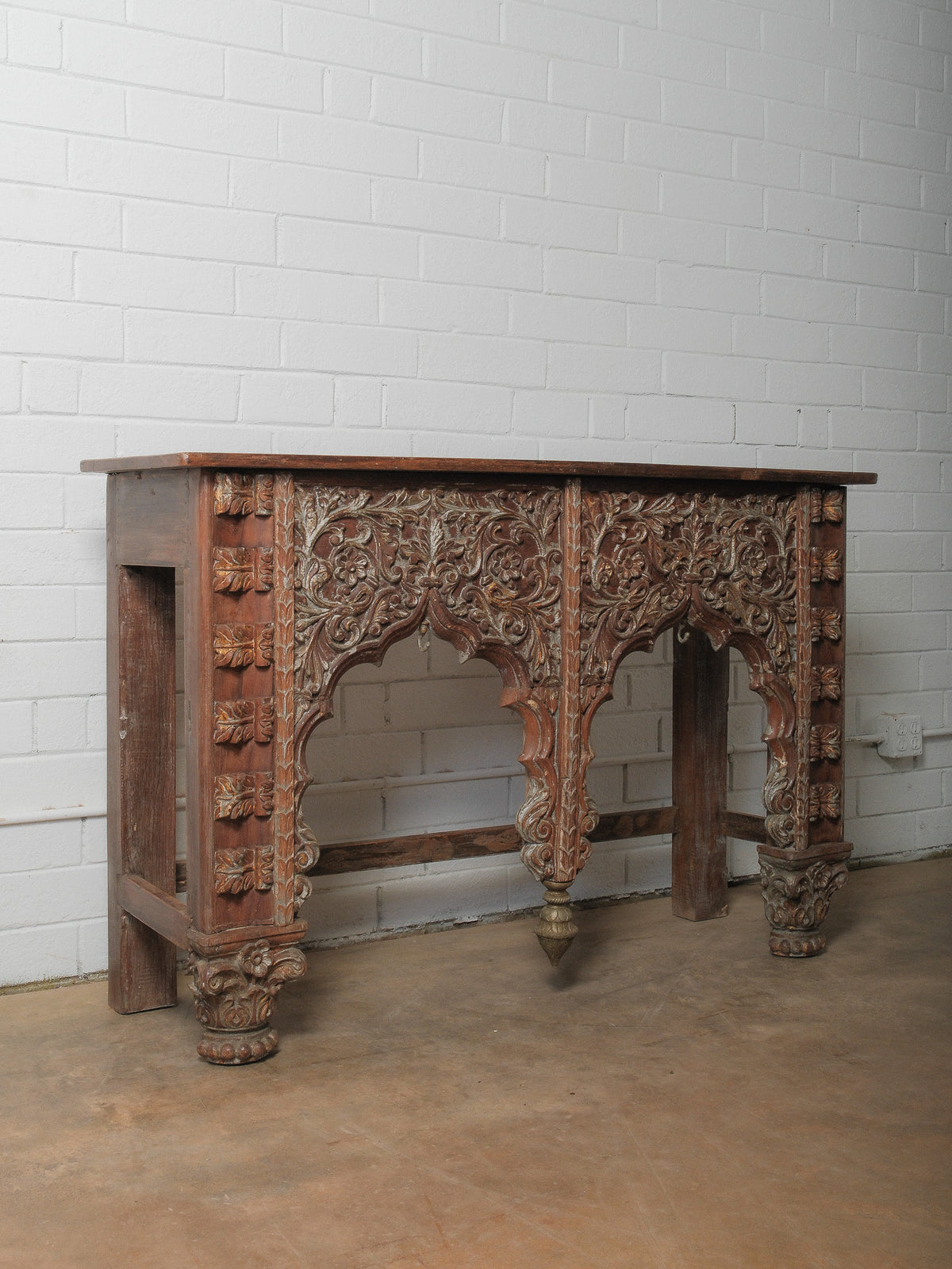 Hand-Carved Wooden Console with Architectural Arches