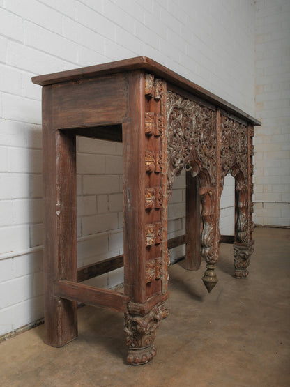 Hand-Carved Wooden Console with Architectural Arches