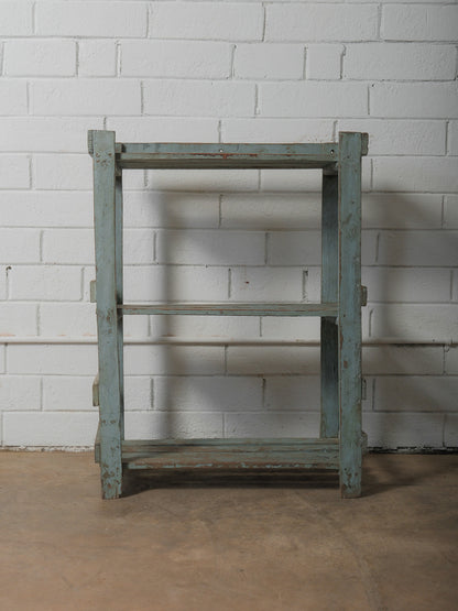 Weathered Blue Wooden Shelf with Open Framework