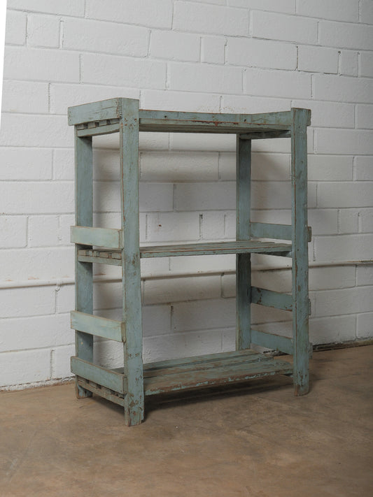 Weathered Blue Wooden Shelf with Open Framework
