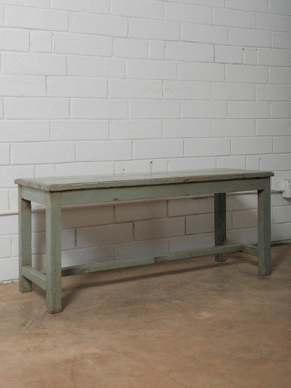 Distressed Green Wooden Bench with Weathered Patina