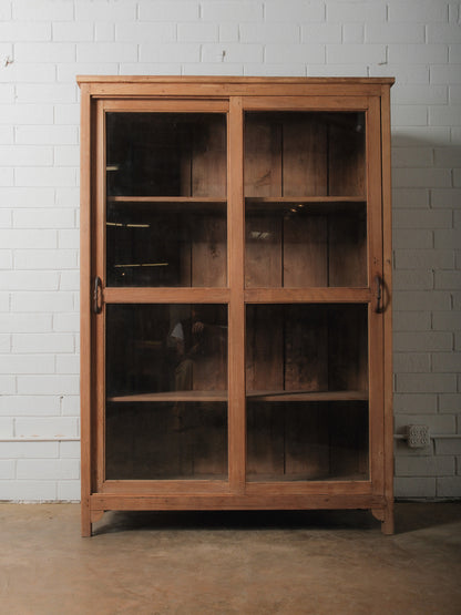 Bleached Wooden Glass-Front Cabinet with Sliding Doors