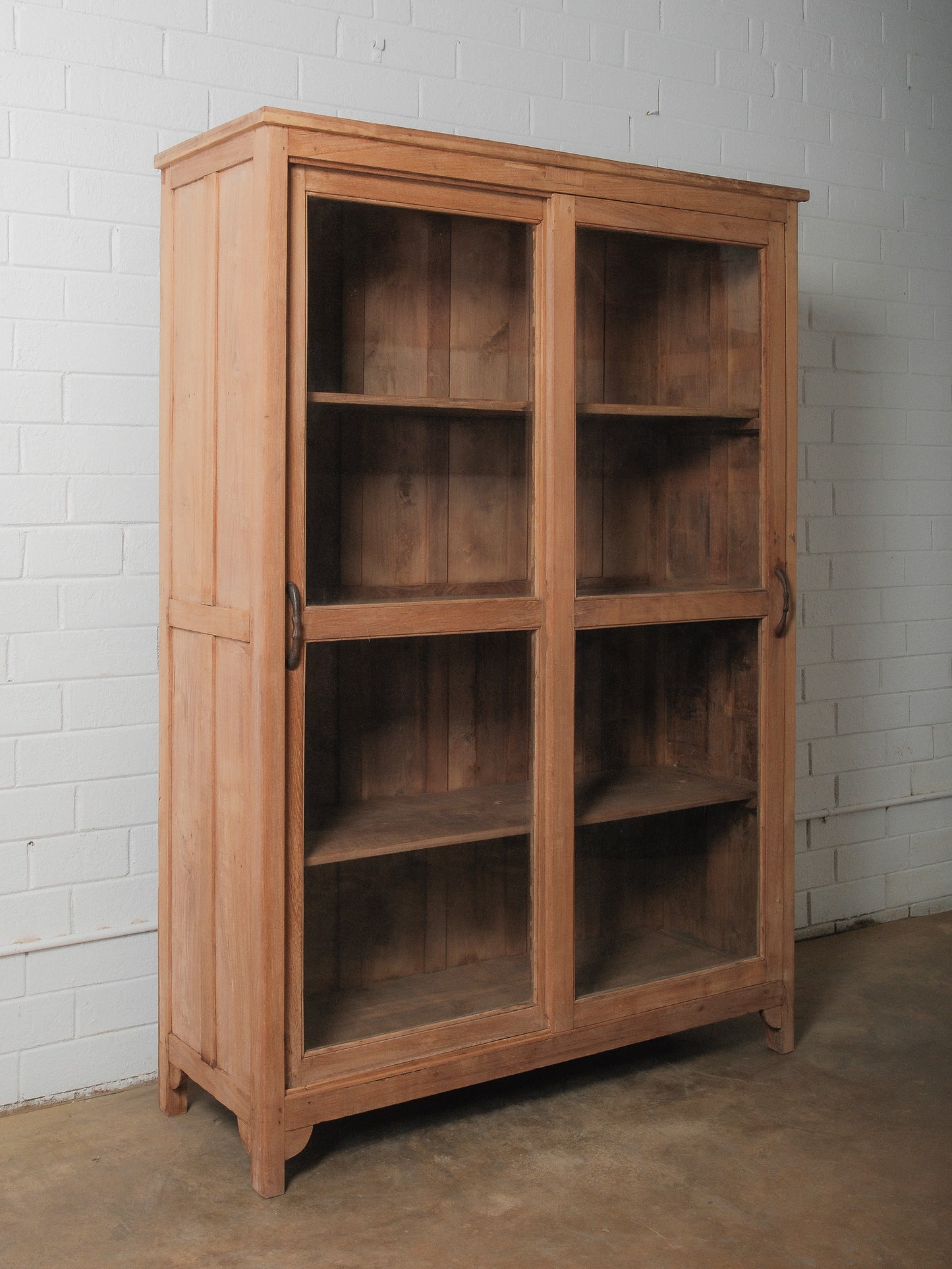 Bleached Wooden Glass-Front Cabinet with Sliding Doors