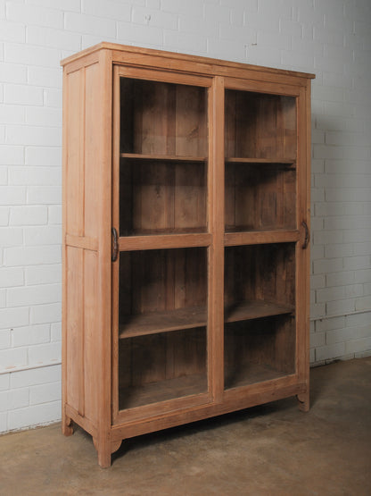 Bleached Wooden Glass-Front Cabinet with Sliding Doors