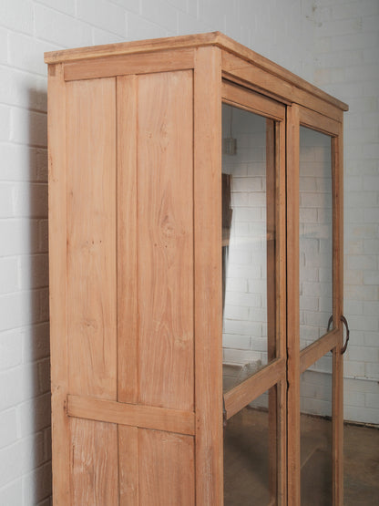 Bleached Wooden Glass-Front Cabinet with Sliding Doors