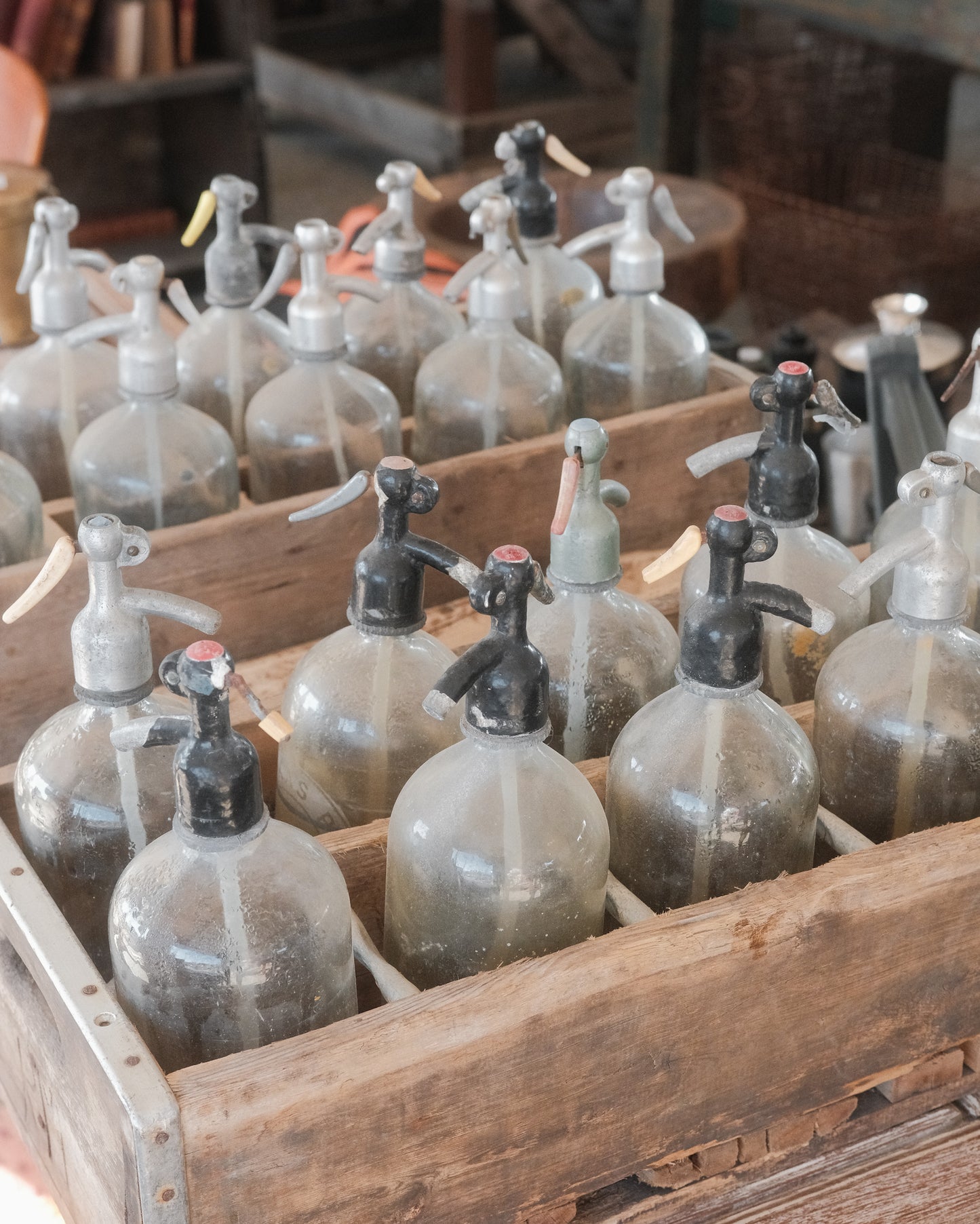 Vintage Soda Siphon Bottles in Wooden Crate