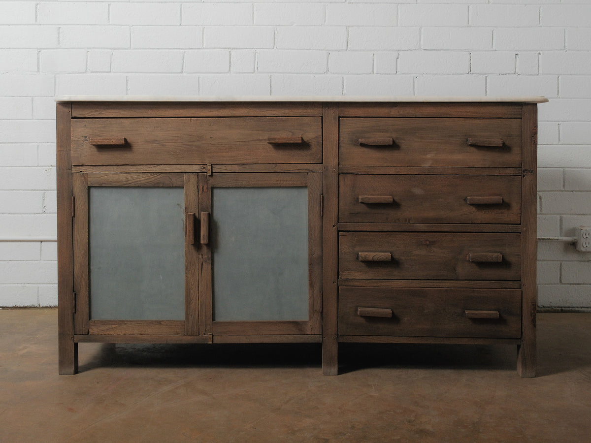 Rustic Wooden Marble Top Sideboard with Drawers & Frosted Panels