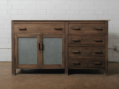 Rustic Wooden Marble Top Sideboard with Drawers & Frosted Panels