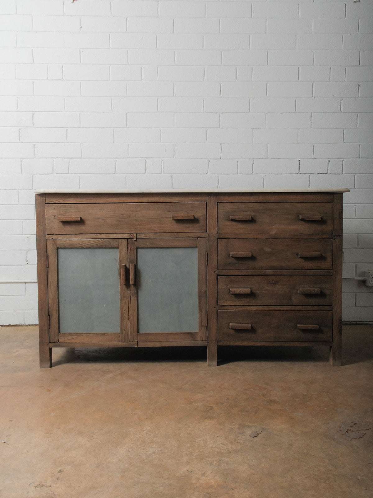 Rustic Wooden Marble Top Sideboard with Drawers & Frosted Panels