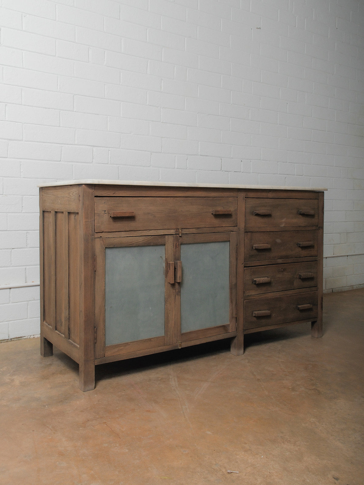 Rustic Wooden Marble Top Sideboard with Drawers & Frosted Panels
