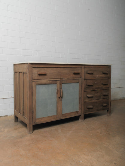 Rustic Wooden Marble Top Sideboard with Drawers & Frosted Panels
