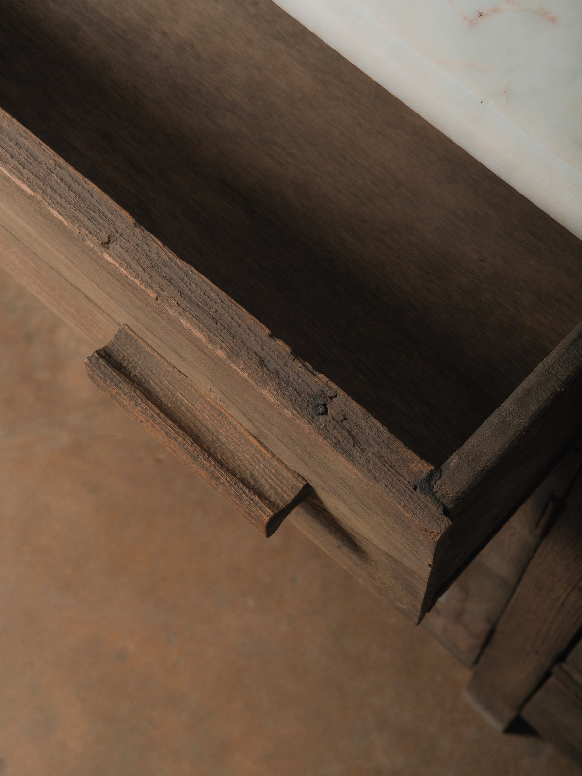 Rustic Wooden Marble Top Sideboard with Drawers & Frosted Panels