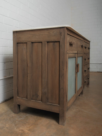 Rustic Wooden Marble Top Sideboard with Drawers & Frosted Panels