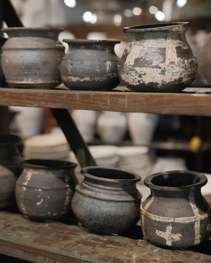 Vintage Wabi Sabi Clay Pot with Metal Ring Base