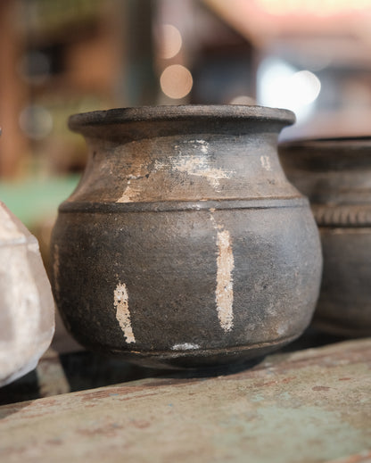 Vintage Wabi Sabi Clay Pot with Metal Ring Base