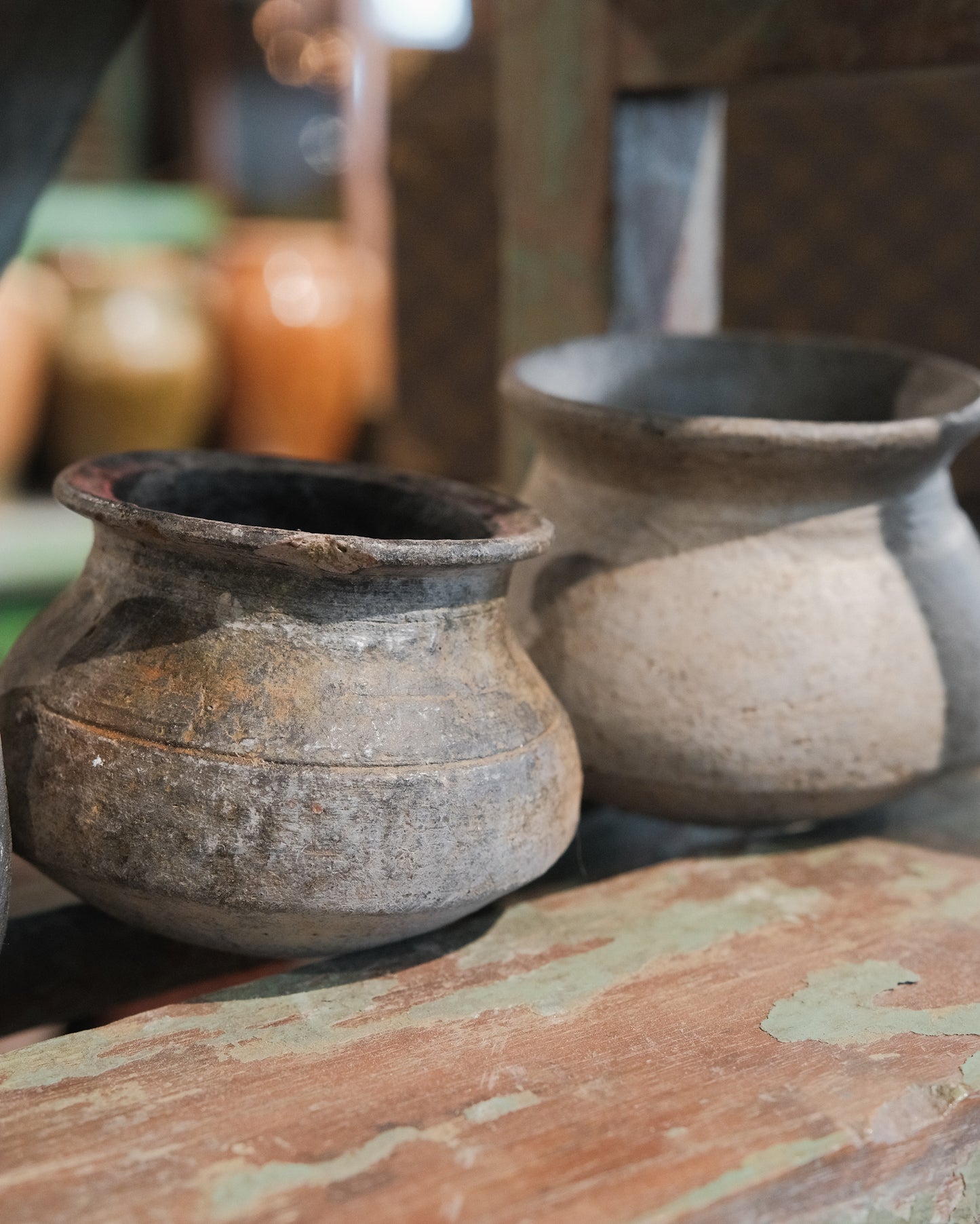 Vintage Wabi Sabi Clay Pot with Metal Ring Base