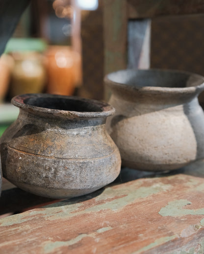Vintage Wabi Sabi Clay Pot with Metal Ring Base