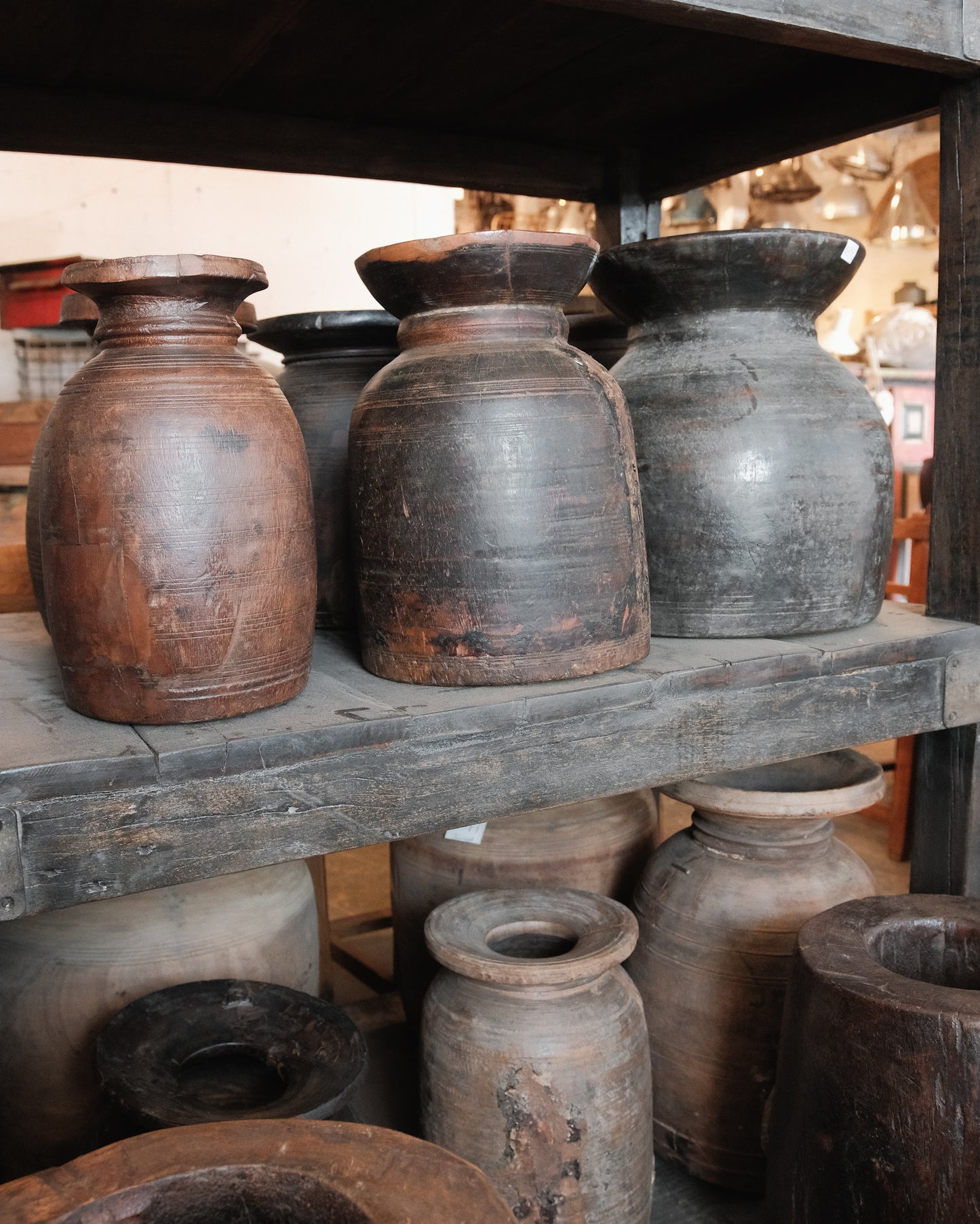 Vintage Indian Hand-Carved Wooden Pot