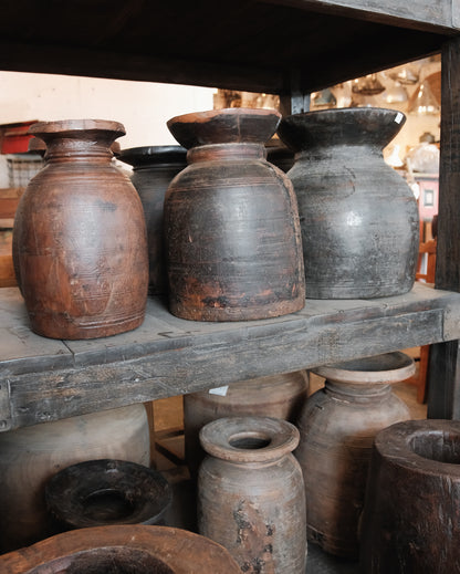 Vintage Indian Hand-Carved Wooden Pot