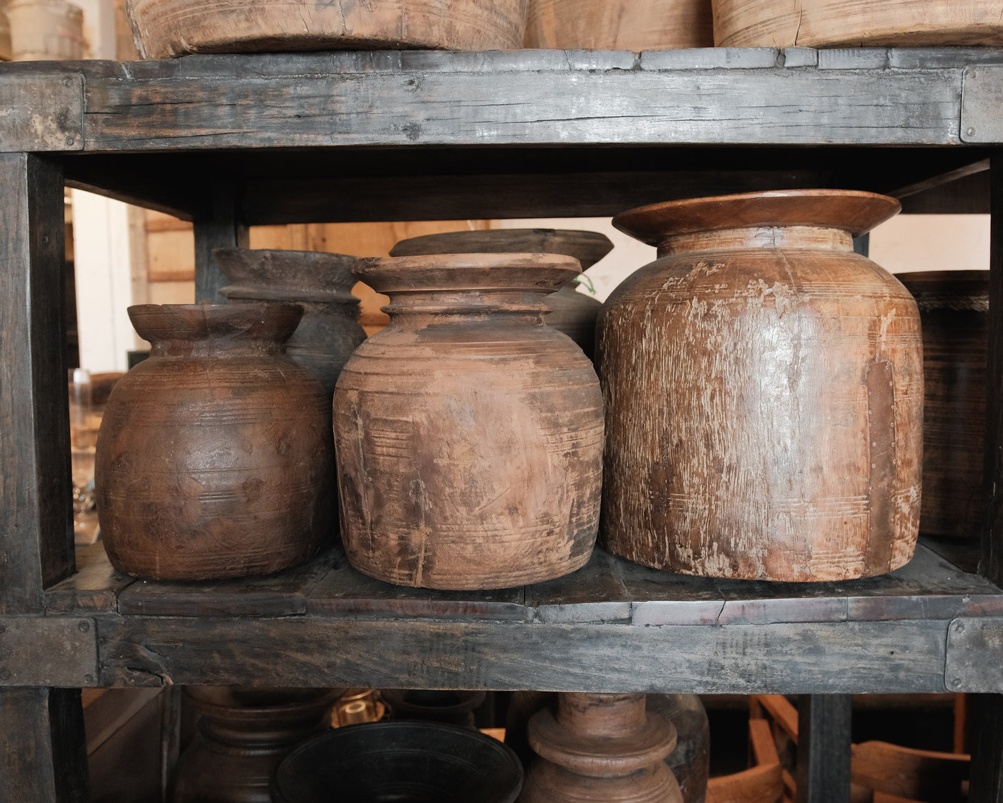 Vintage Indian Hand-Carved Wooden Pot