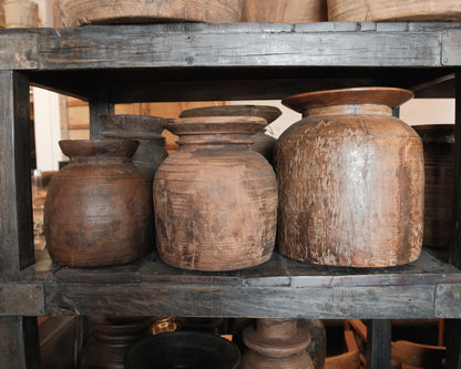 Vintage Indian Hand-Carved Wooden Pot