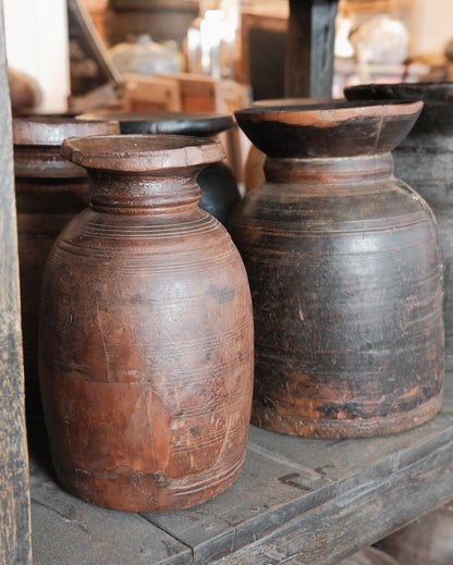 Vintage Indian Hand-Carved Wooden Pot