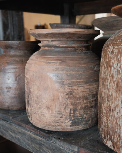 Vintage Indian Hand-Carved Wooden Pot