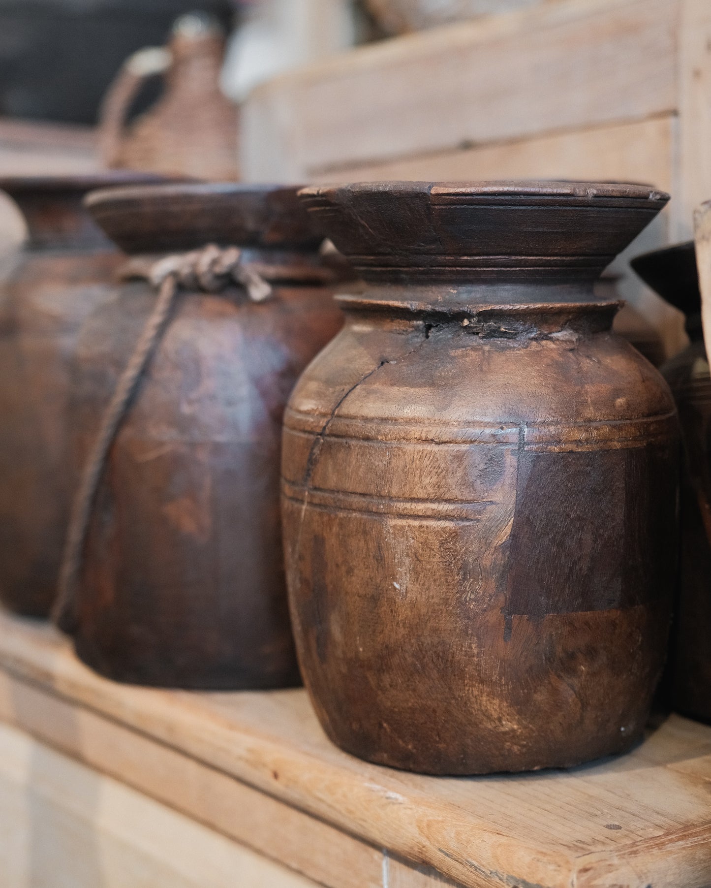 Vintage Indian Hand-Carved Wooden Pot