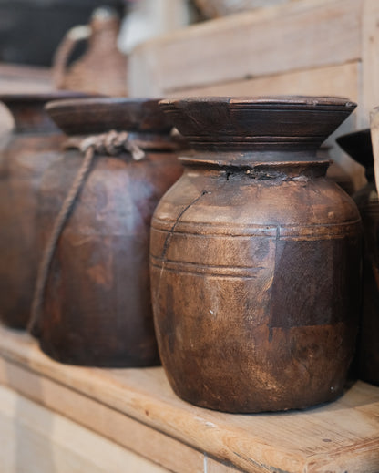 Vintage Indian Hand-Carved Wooden Pot