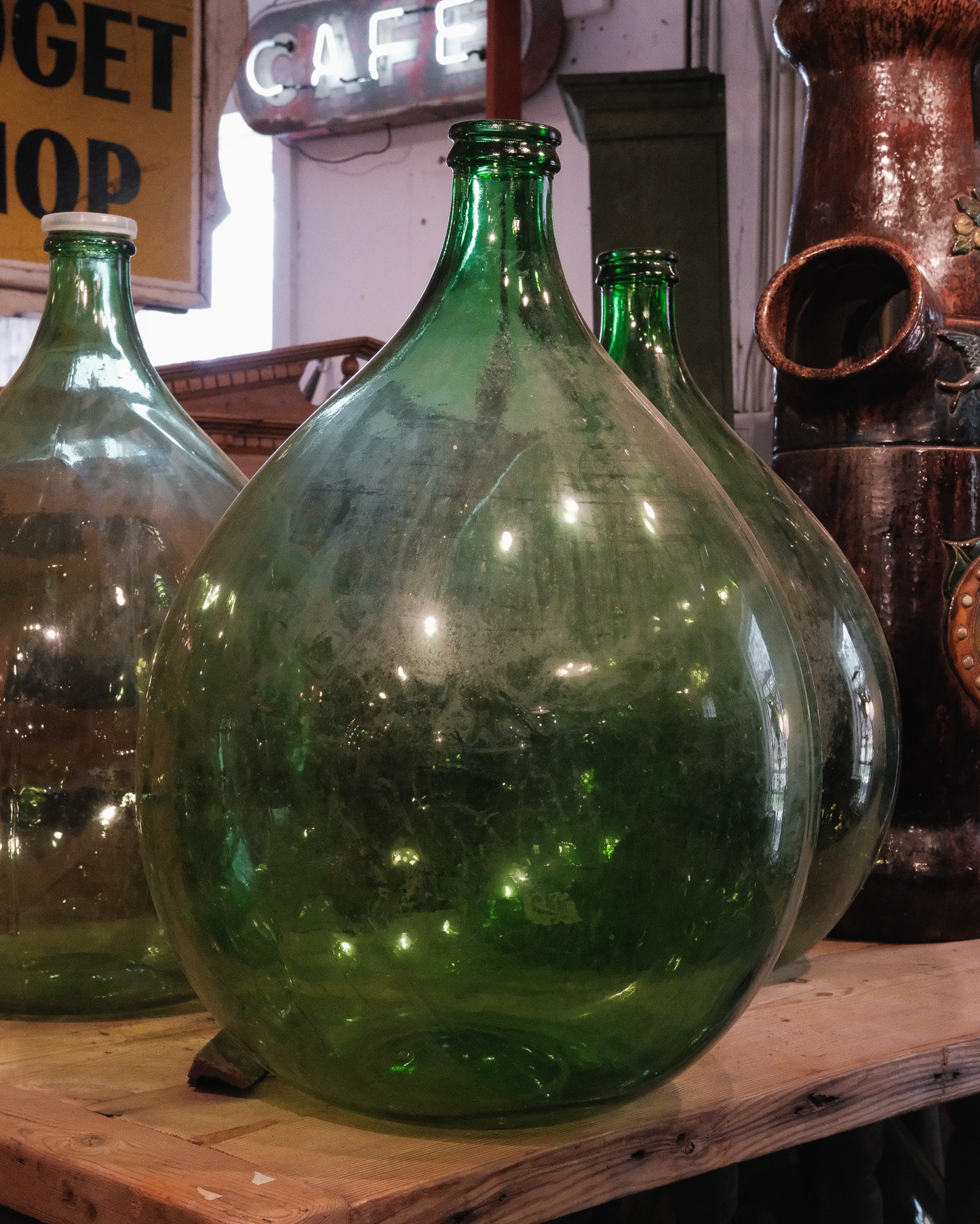 Vintage European Hand Blown Green Glass Demijohn Wine Vessel