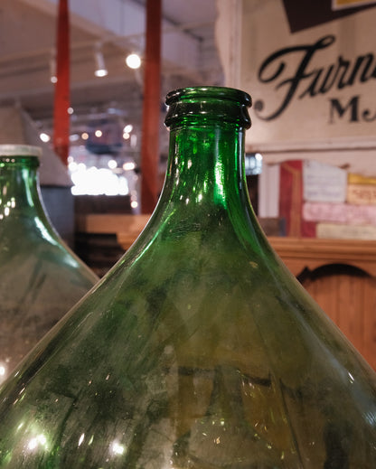 Vintage European Hand Blown Green Glass Demijohn Wine Vessel