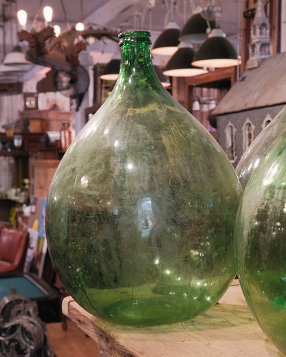 Vintage European Hand Blown Green Glass Demijohn Wine Vessel