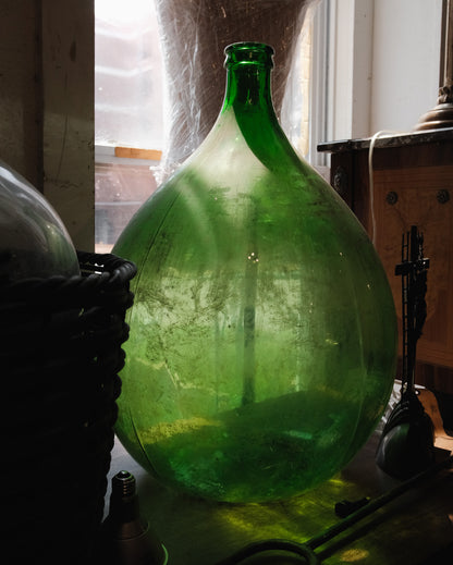 Vintage European Hand Blown Green Glass Demijohn Wine Vessel