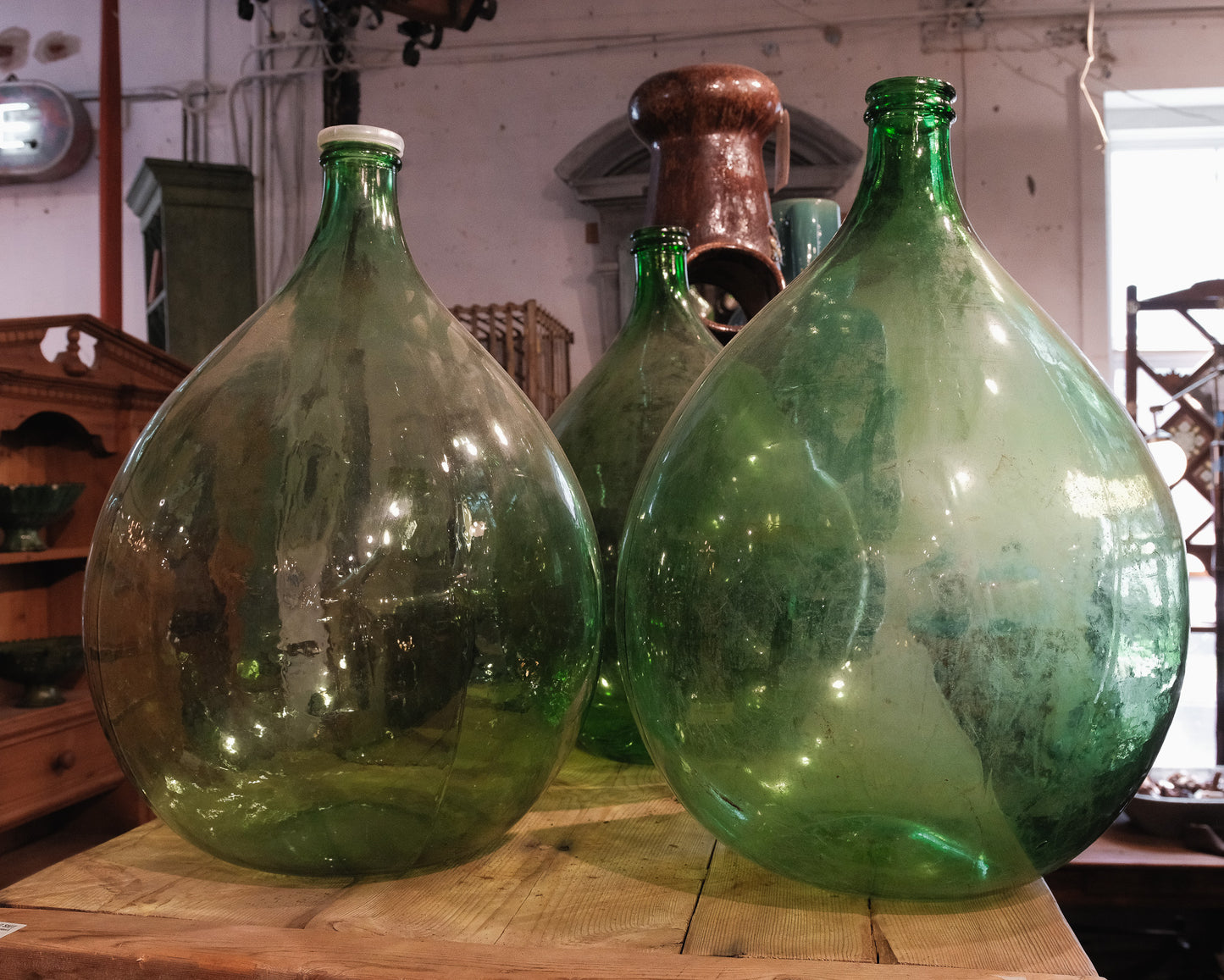 Vintage European Hand Blown Green Glass Demijohn Wine Vessel