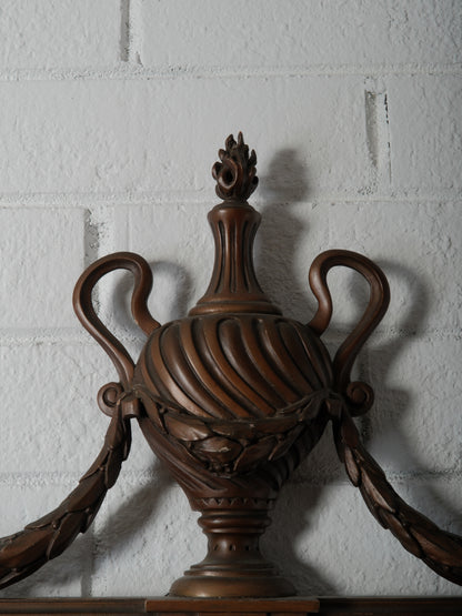 Carved Wood Mirror with Classical Urn Crest and Applied Metal Ornamentation