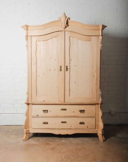 20th Century Carved Pine Armoire with Drawers and Rococo Revival Crest