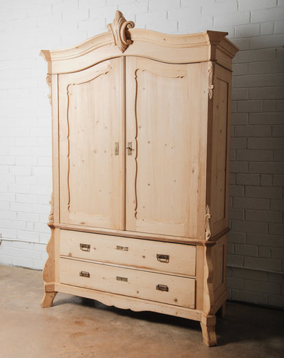 20th Century Carved Pine Armoire with Drawers and Rococo Revival Crest