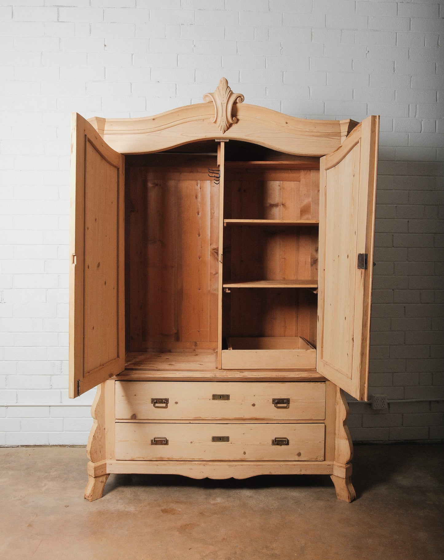 20th Century Carved Pine Armoire with Drawers and Rococo Revival Crest
