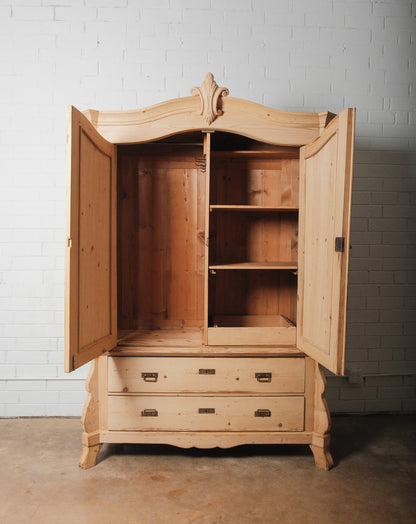 20th Century Carved Pine Armoire with Drawers and Rococo Revival Crest