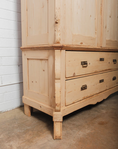 20th Century Carved Pine Armoire with Drawers and Rococo Revival Crest