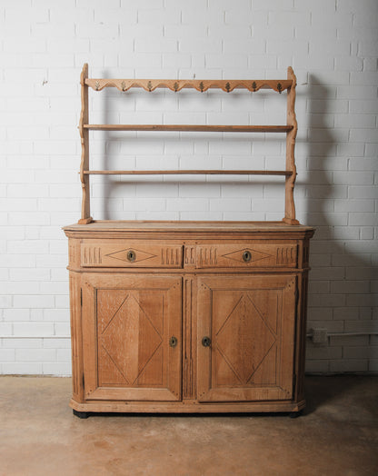 19th Century Oak Sideboard Cabinet with Upper Hutch Shelving and Hooks