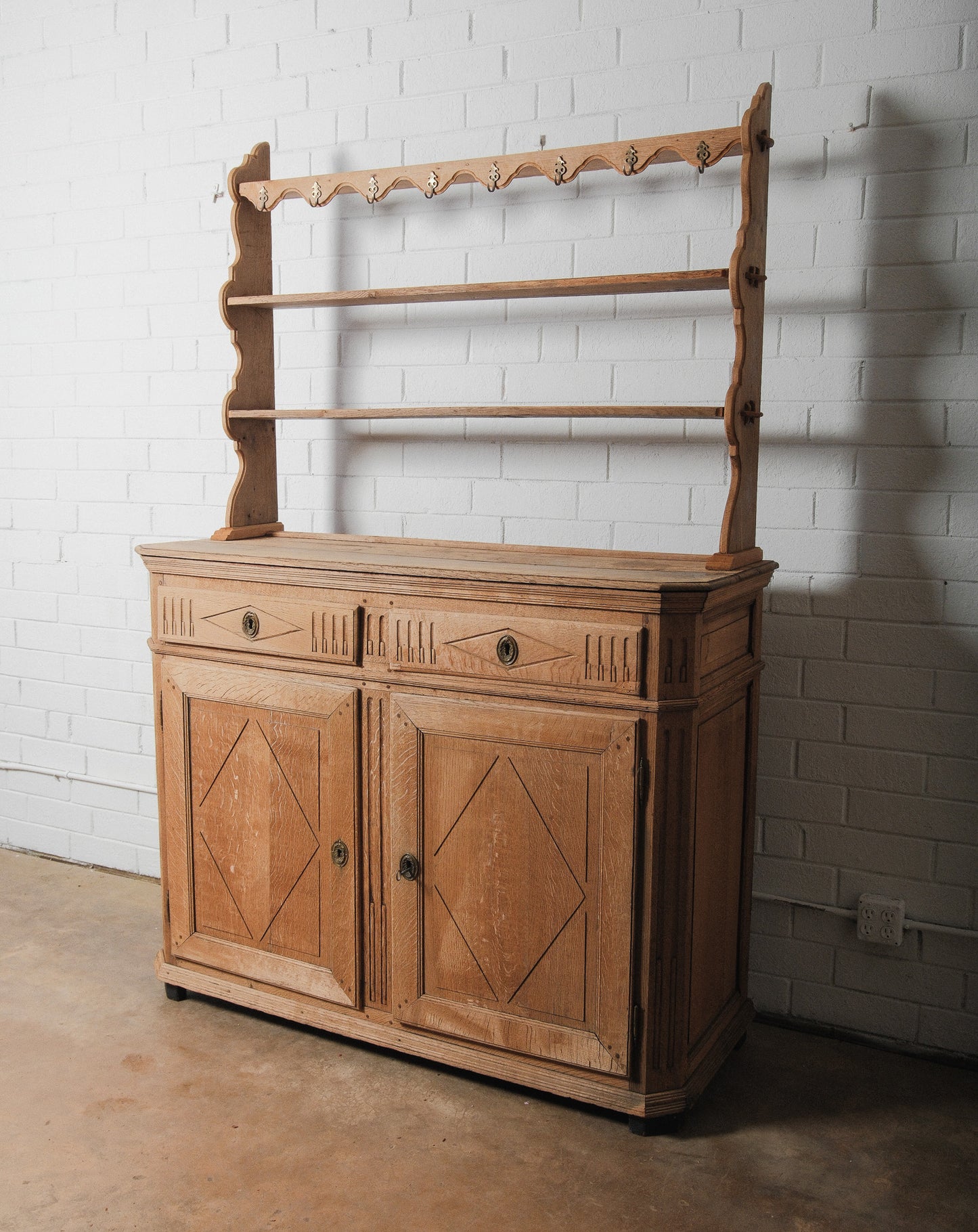 19th Century Oak Sideboard Cabinet with Upper Hutch Shelving and Hooks