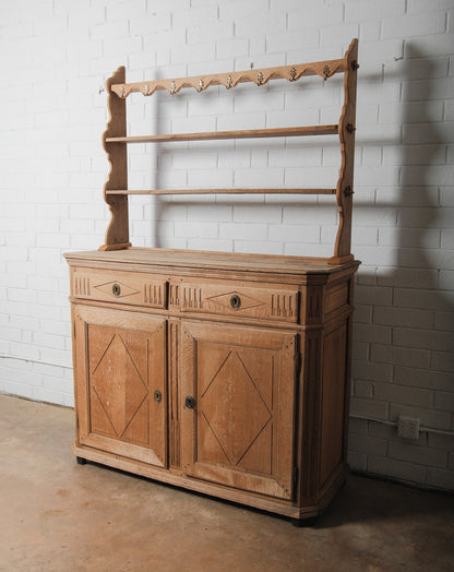19th Century Oak Sideboard Cabinet with Upper Hutch Shelving and Hooks