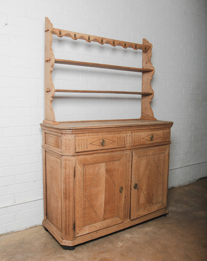 19th Century Oak Sideboard Cabinet with Upper Hutch Shelving and Hooks